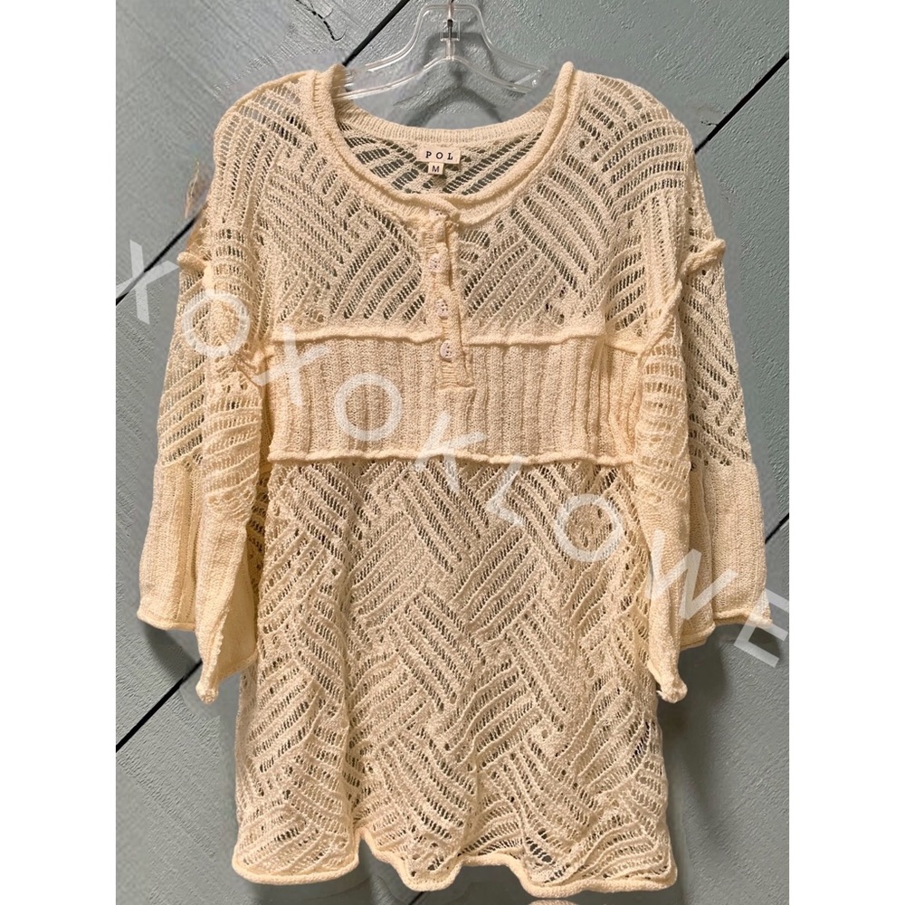 POL Ivory Summer Knit Top Button Neck Relaxed Fit - Picture 12 of 13